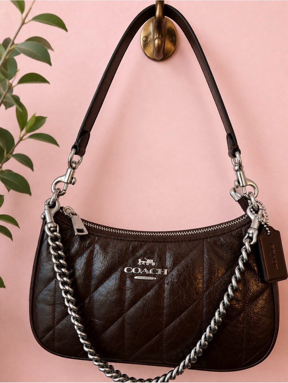COACH Teri SOFT Quilted Leather Shoulder Bag in Dark Brown
